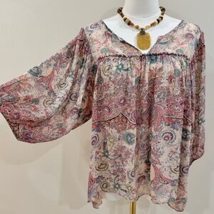 Anthropologie Lil Boho Paisley Flowy Blouse Puff Sleeve Peasant Top Fits S/M